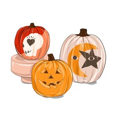 Set of three hand-painted carved pumpkins for Halloween