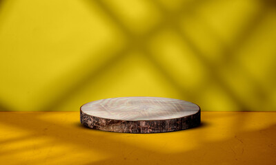 round wood slice podium in a studio room with natural light and shadows, wooden podium for product display
