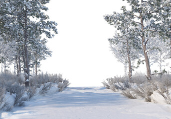 Trees and mountains in winter on a white background with clipping paths.