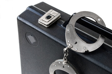 handcuffs chained to the handle of the Briefcase, close-up, isolated on a white background