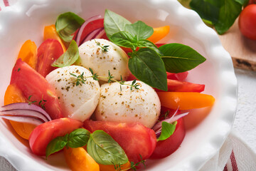 Caprese salad. Italian caprese salad with sliced tomatoes, mozzarella cheese, basil, olive oil in white plate over white background. Delicious Italian food. Top view. Rustic style.