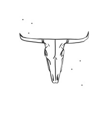 Hand drawn abstract vector graphic clipart illustration boho cow skull with horns logo element.Westerndesign concept.Bohemian wild west contemporary art.Cowboy girl modern drawing.Feminine logo.