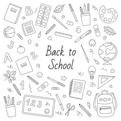 A set of school supplies. Back to school. Globe, textbooks, pencils, notebooks, paints, backpack, pen. Hand-drawn doodles. Vector illustration.