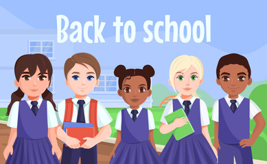 Happy children standing near school outdoors.