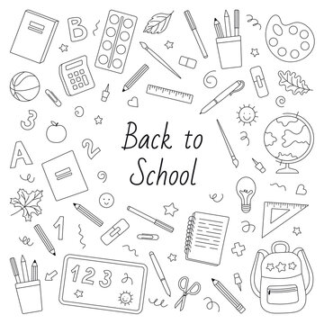 A set of school supplies. Back to school. Globe, textbooks, pencils, notebooks, paints, backpack, pen. Hand-drawn doodles. Vector illustration.
