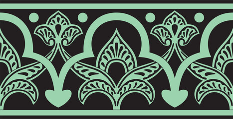 Vector green seamless oriental national ornament. Endless ethnic floral border, arab peoples frame. Persian painting.