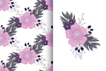 Flower bouquet with seamless pattern. Floral background set