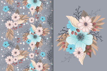 Flower bouquet with seamless pattern. Floral background set