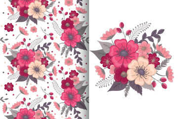 Flower bouquet with seamless pattern. Floral background set
