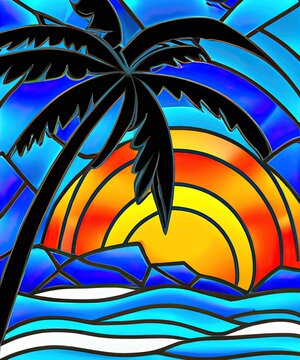 Tiffany Style Art Deco Stained Glass Of A Beach Sunset With A Palm Tree, Ai Generated