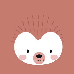Cute hedgehog face, muzzle, animal head, portrait. Nursery character card for childish design of wrapping paper, fabric, textile, poster, graphic, print. Scandinavian cartoon vector illustration