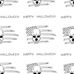 Creative Halloween background with a vampire skull and the flag of America painted in black color on white paper with inscription Happy Halloween. Halloween seamless pattern. Halloween concept.