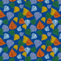 Seamless pattern of saddle brown, lemon curry, shadow blue, and MSU green color tropical deliciosa plant leaf on yale blue  color background. leaf seamless pattern, textile design, wallpaper.
