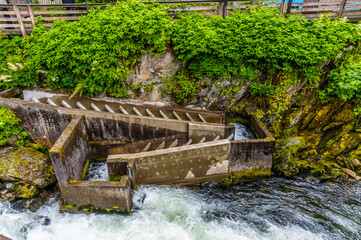 A view of a Salmon ladder near the Creek area of Ketchikan, Alaska in summertime