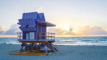 South Beach Miami Florida, beach hut lifeguard hut during sunset. beautiful sunset on Miami Beach