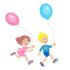 Funny boy and cute girl are running with colorful balloons. In cartoon style. Isolated on white background. Vector flat illustration.