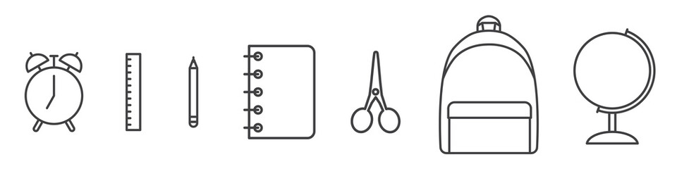 back to school icon set, alarm clock, ruler, scissors, pencil, notebook, scissors, backpack and globe - vector illustration