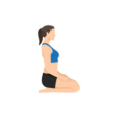 Woman doing Thunderbolt Pose, Adamantine Pose, Diamond Pose. Practice Vajrasana. Flat vector illustration isolated on white background