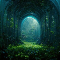 Raster illustration of tunnel in the forest of trees. Passage through the dense forest, natural wonders, wild, portal to another world, courtship of nature. 3D artwork raster illustration