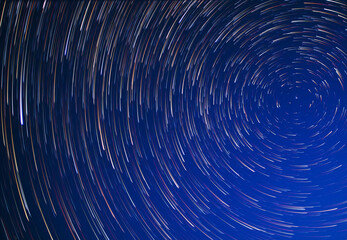 Stars move around the pole star at night. Long exposure