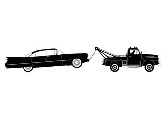 Silhouettes of tow truck and a broken car. Vector.