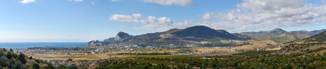 Fototapeta na wymiar View towards Sudak valley from Ai-Georg mountain foothills, Crimea, Russia.