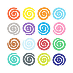 Pattern of colorful spirals arranged in a square. Isolated on white background. Vector flat illustration.