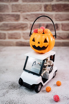 Happy Halloween with candy and pumpkin for party. trick or treat at in autumn season.