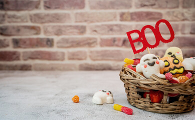 Happy Halloween with candy and pumpkin for party. trick or treat at in autumn season.