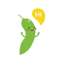 Cute smiling edamame, green soy beans character with speech bubble saying hi, hello.
