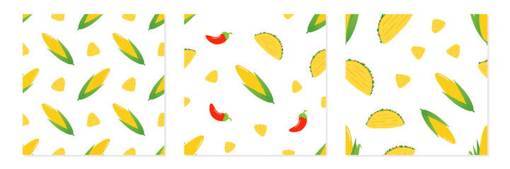 Set, collection of three vector seamless pattern backgrounds with corn, taco, nacho chips and chili peppers for food design.
