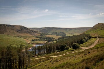 Panoramic shot of the Dovestone Reservoir surrounded by hills in England