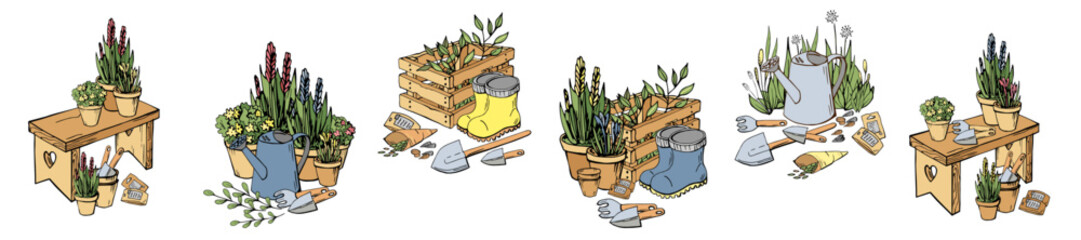 Colorful set with composition of garden tools, flowerpots, flowers, plants, watering can, boots, shovels, seeds. Collection group of colored elements isolated on white background. Vector illustration.