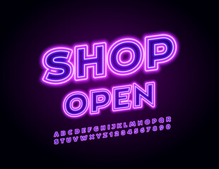 Vector colorful Banner Shop Open. Modern Neon Font. Bright glowing Alphabet Letters and Numbers set