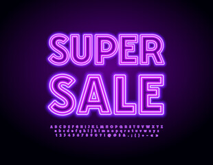 Vector promo Banner Super Sale. Bright Light Font. Illuminated Led Alphabet Letters and Numbers set