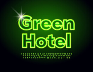 Vector creative sign Green Hotel. Neon Alphabet Letters and Numbers. Glowing modern Font. 