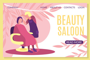 Beauty salon landing page template. Hairdresser making hairstyle in salon website interface.