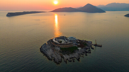 aerial view of mamula island during sunset