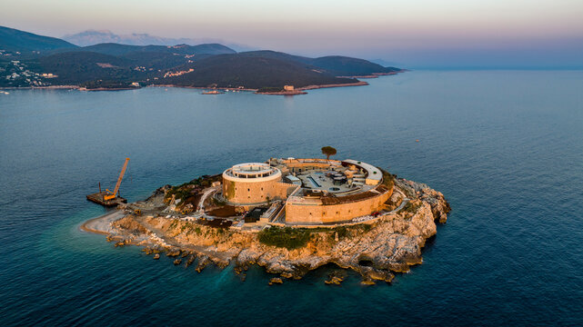 aerial view of mamula island during sunset