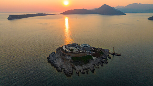 aerial view of mamula island during sunset