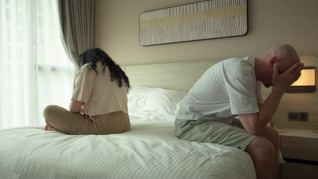 Worried cuople upset woman and man feeling offended frustrated quarrel, thinking of breaking up or divorce, couple experiencing betrayal misunderstanding, having problems in difficult relationships