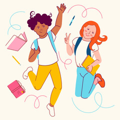 Vector school students, teenagers with happy emotions. Fun schoolgirl with backpack, cheerful american boy jump with bag, textbook, pen isolated over white color background. Back to school