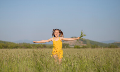 Naklejka na ściany i meble happy child girl running across the field 
