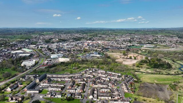 Aerial Video of Industrial and residential buildings in Ballymena Co Antrim Northern Ireland 
