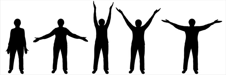 Fototapeta na wymiar The woman is standing and waving her hands. Physical exercise in older age. Sports and the elderly. Five women stand in a row and perform different hand movements. Black silhouette isolated on white