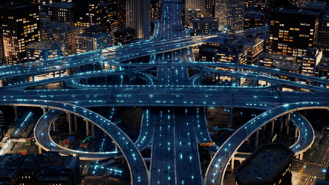 Digital Connections Spreadung Through Metropolitan City Information Highway Autonomous Vehicles Ai Technologi Privacy Quantum Computting Digital Cars CGI