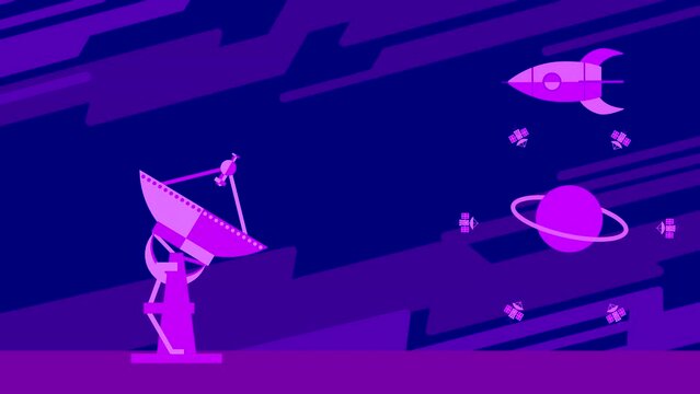 Satellite dish, locator catch and transmit signals from artificial satellite and rocket. Abstract animation from flat drawings of purple attenka on a space theme.