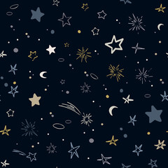 Vector space seamless pattern with planets, comets, constellations and stars. Night sky hand drawn doodle astronomical background