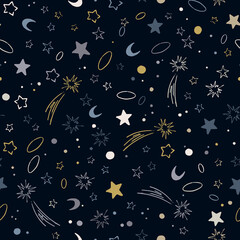 Fototapeta na wymiar Vector space seamless pattern with planets, comets, constellations and stars. Night sky hand drawn doodle astronomical background