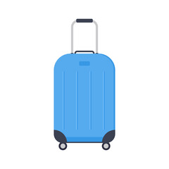Blue travel luggage, plastic suitcase.